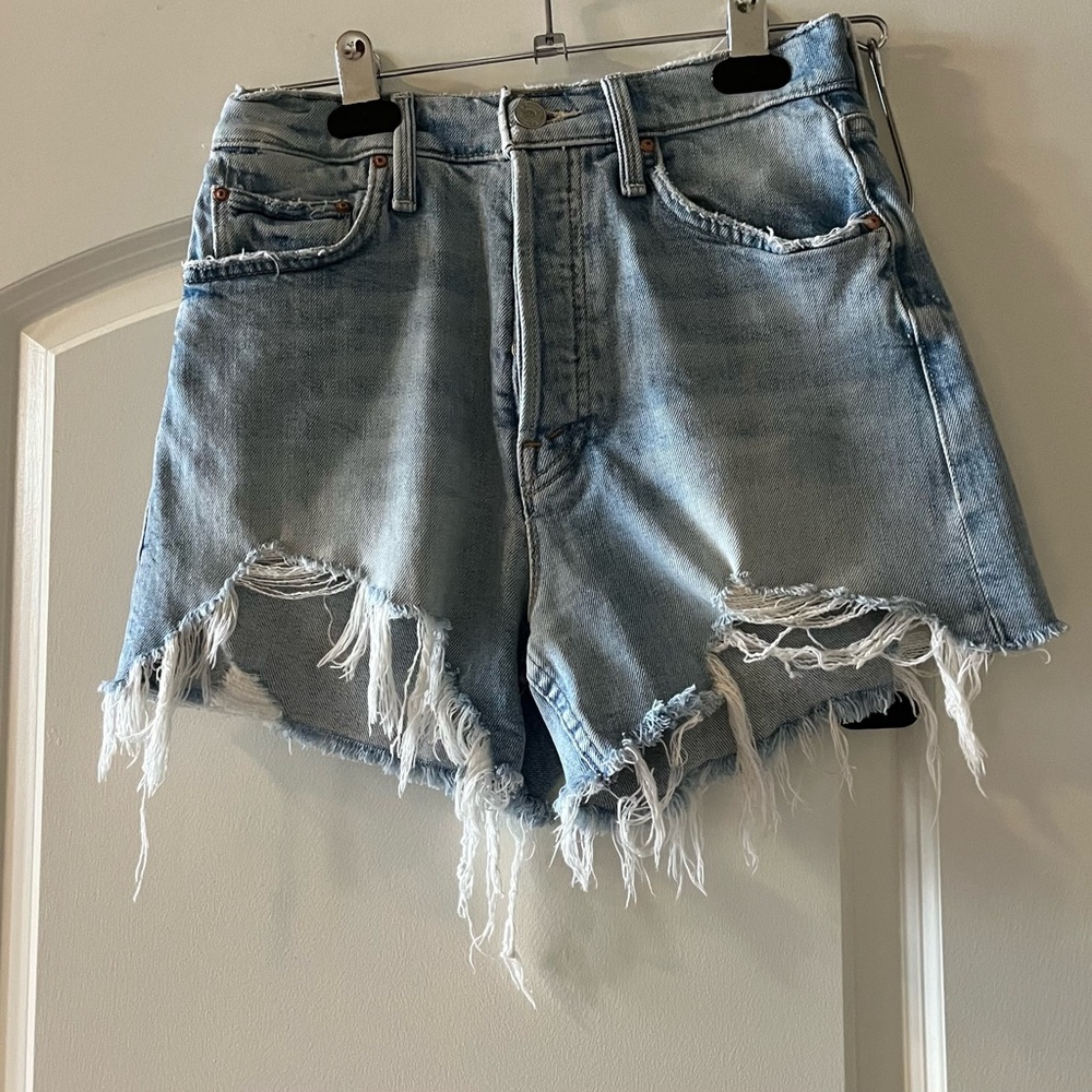 MOTHER Ultra High Waist Distressed Light Blue Jean Shorts